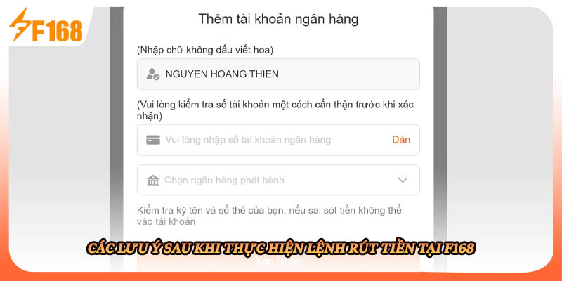 Các lưu ý sau khi thực hiện lệnh rút tiền tại F168